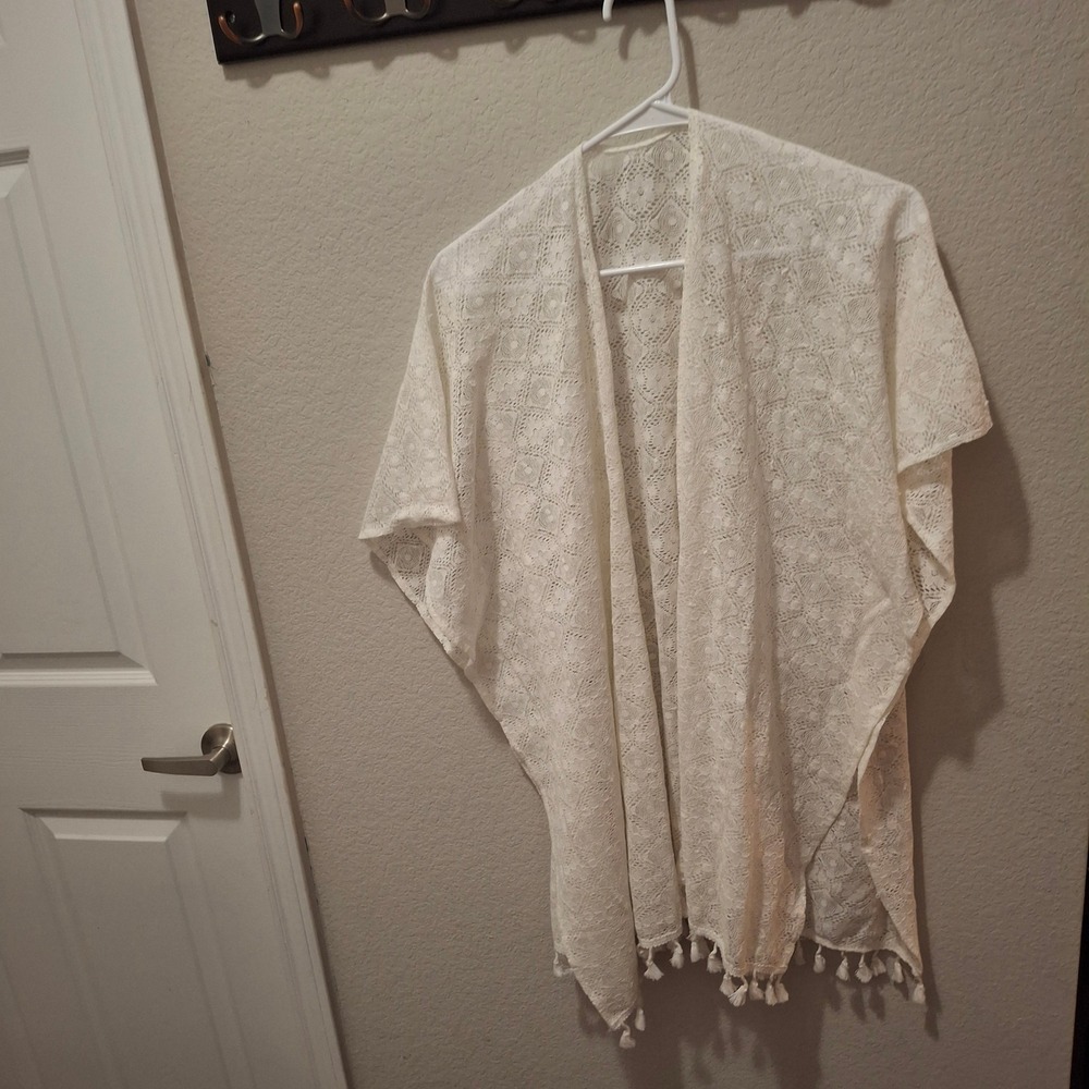 White Lace Kimono Cardigan‎ One Size Tassel Fringe Boho Beach Coverup Viscose